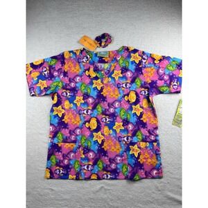TL Uniforms Women's V Neck Scrub Top Size Large Vibrant Sea Life Design Fish New